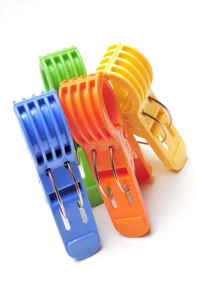 Four Colorful Clothes Pegs White Background — Stock Photo, Image