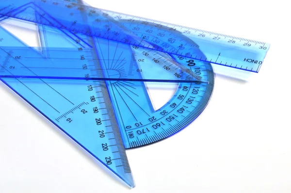 Набір Синього Лінійки Трикутника Проектора Білому Тлі — стокове фото
