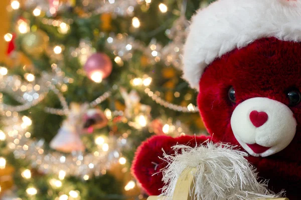 Stuffed Bear Sits Front Christmas Tree — Stock Photo, Image