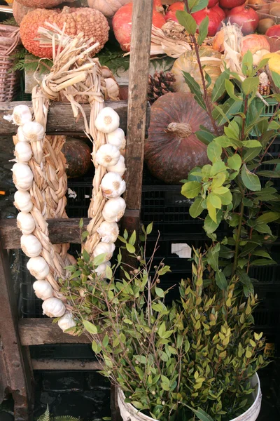 Garlic and herbs at farmer market — Stock Photo, Image