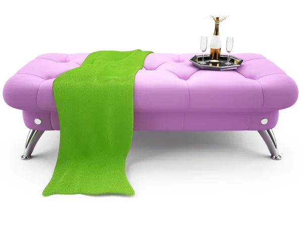 Pouf de couro rosa com cobertor de lã e champanhe — Fotografia de Stock