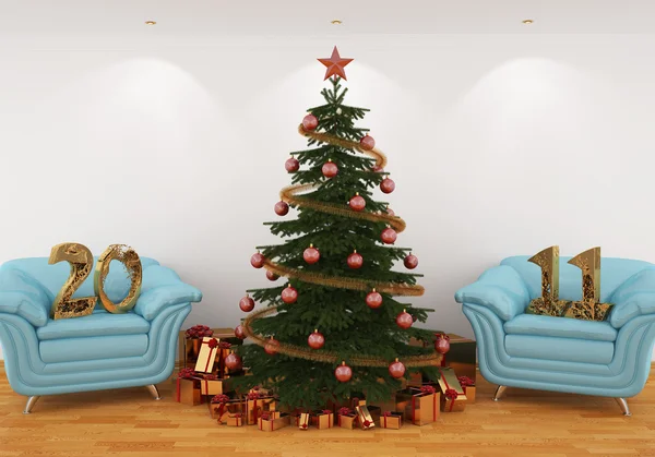 Image Christmas Tree Interior Blue Leathern Chairs 2011 Gold — Stock Photo, Image