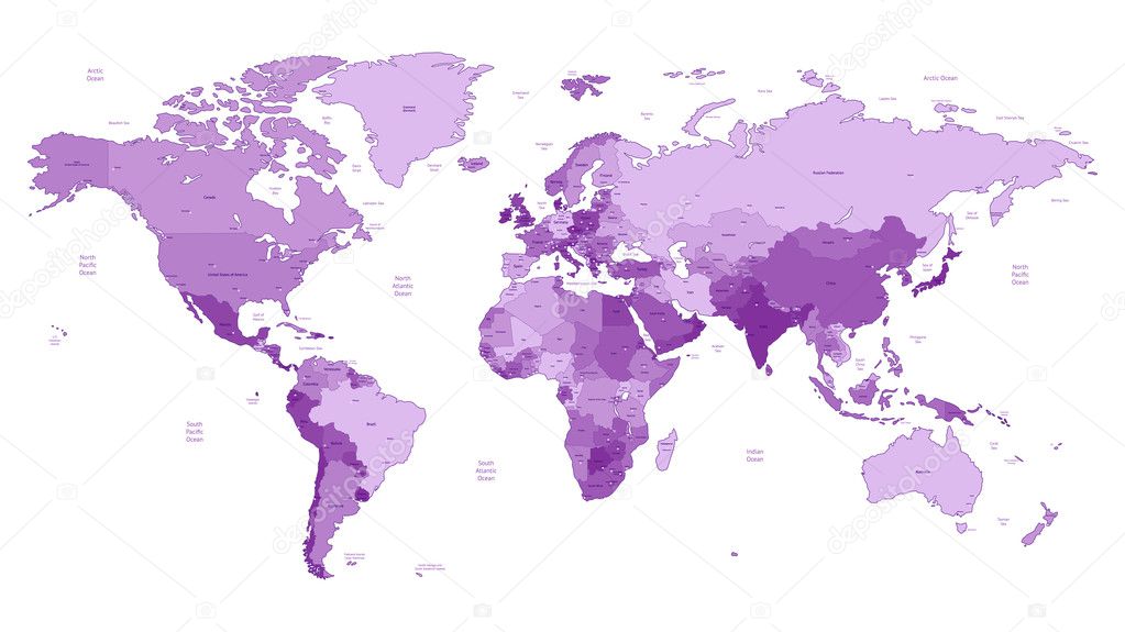 Detailed Vector World Map Violet Colors Names Town Marks National Stock