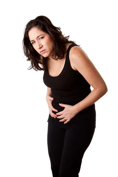 Mulher com dor de estômago — Fotografia de Stock