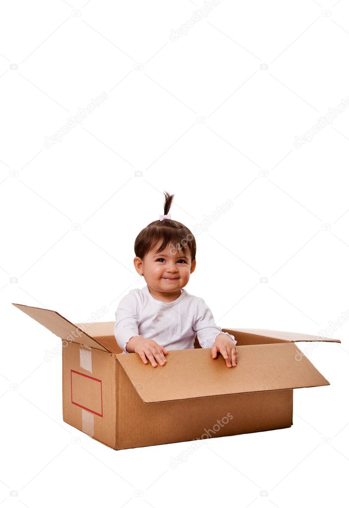 Happy baby in surprise box