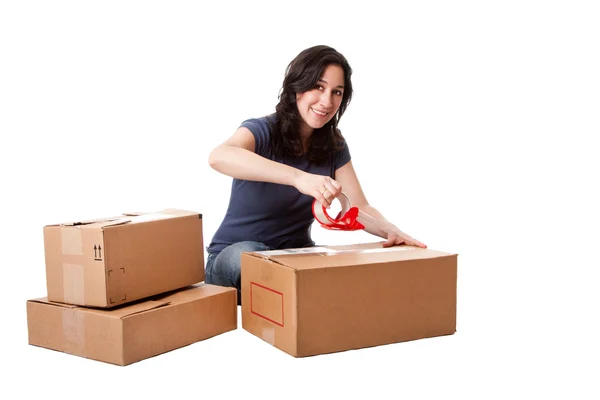 Attractive Happy Beautiful Woman Putting Tape Cardboard Moving Storage Boxes — Stock Photo, Image