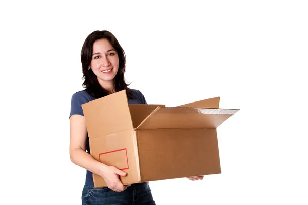 Mulher carregando caixa de armazenamento em movimento aberto — Fotografia de Stock
