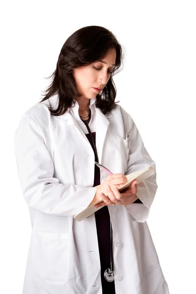Kobieta Lekarz Lekarz Biały Płaszcz Stetoskop Piśmie Uwaga Recepty Pacjenta — Zdjęcie stockowe