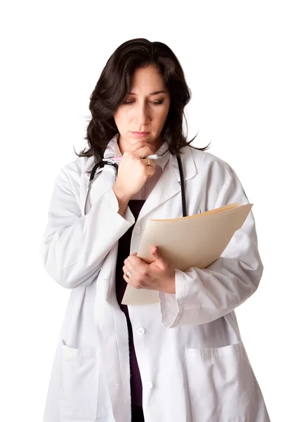 Vrouwelijke Arts Witte Jas Patiënt Record Grafiek Kijken Denken Gezondheid — Stockfoto