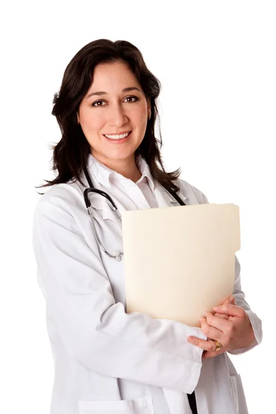 Atrakcyjna Kobieta Lekarz Biały Płaszcz Stetoskop Stałego Posiadania Dokumentacji Pacjenta — Zdjęcie stockowe