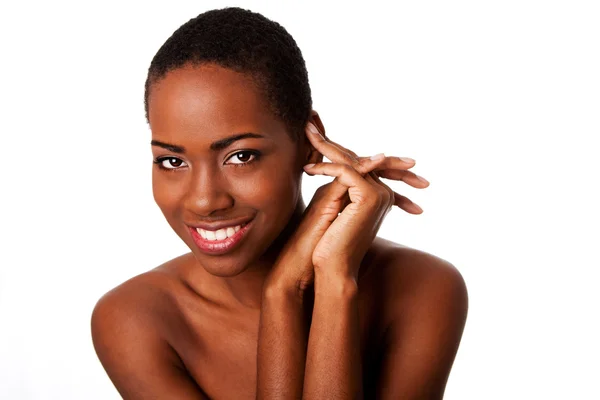 Szép Boldog Mosolygó Inspiráló Afrikai Rövid Göndör Haj Nagy Bőr — Stock Fotó