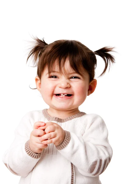 Glad skrattande baby småbarn flicka Stockfoto