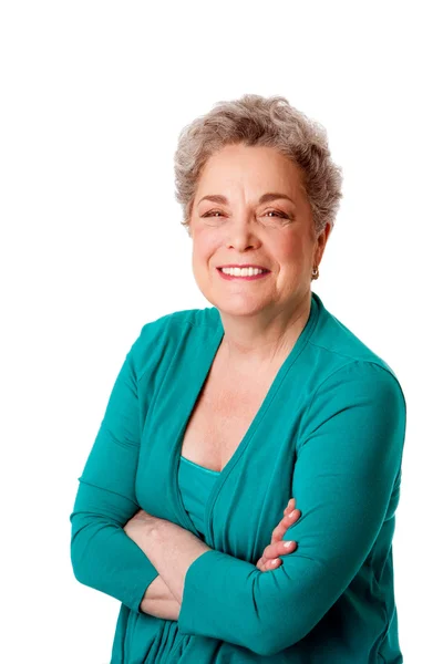 Happy smiling senior woman with arms crossed — Stock Photo, Image