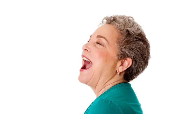 Happy senior woman talking screaming yelling singing — Stock Photo, Image