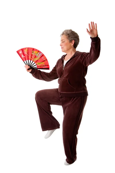 Mulher sênior fazendo exercício Tai Chi Yoga — Fotografia de Stock