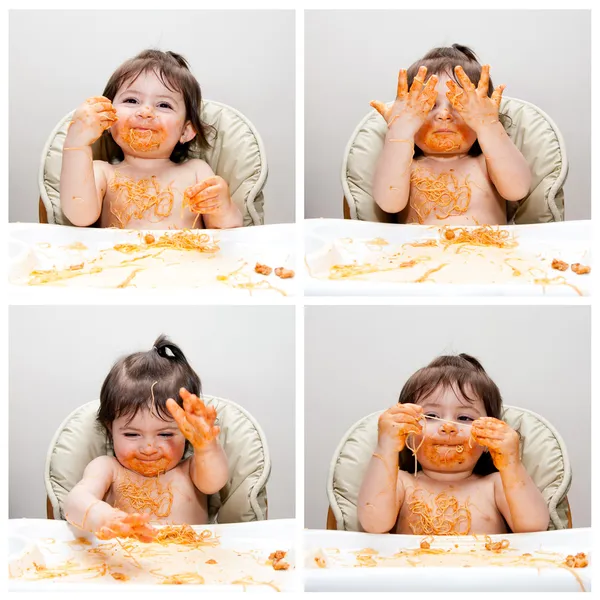 Feliz bebê engraçado comedor bagunçado — Fotografia de Stock