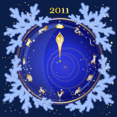 New Year postcard with magical watches clipart