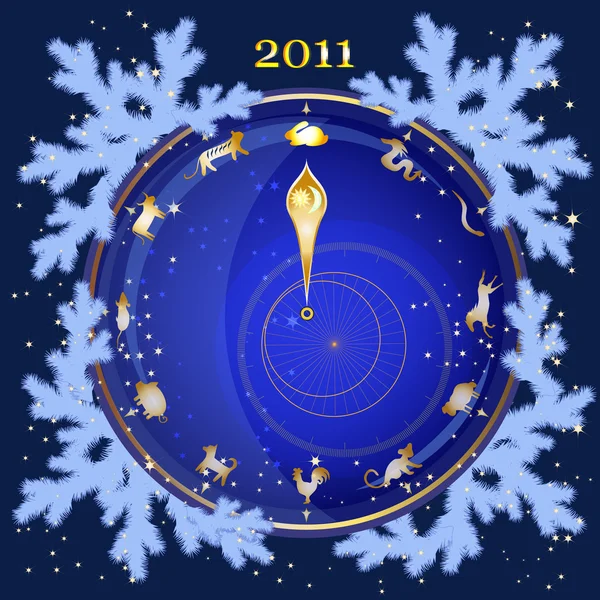 Neujahrspostkarte mit magischen Uhren — Stockvektor