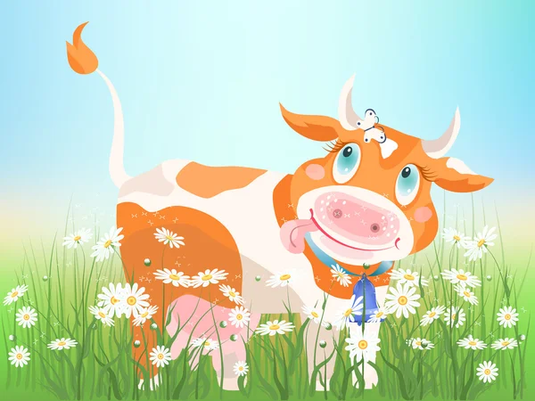 stock vector The small red cow on chamomiles meadow.
