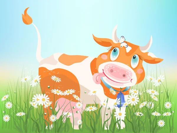 Stock vector The small red cow on chamomiles meadow.