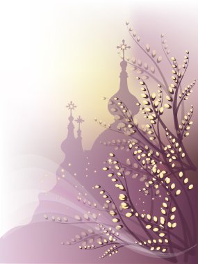 Spring background with pussy-willow and orthodox churches outline. clipart