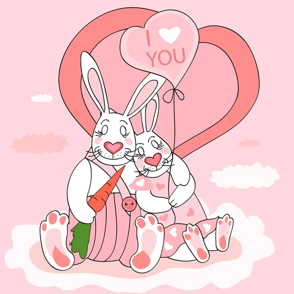 Cute Valentine Postcard Couple Rabbits — Stock Vector