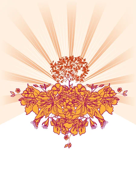Snygg Bakgrund Med Blommor Träd Och Solen Strålar — Stock vektor