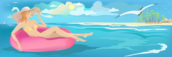 stock vector Girl swimming in buoy, summer banner.