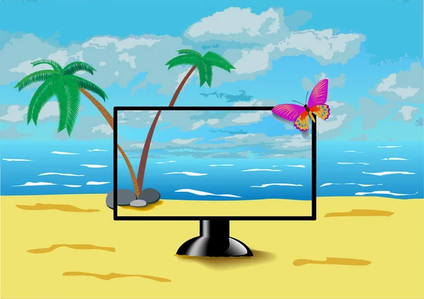 O monitor está na praia. . — Vetor de Stock