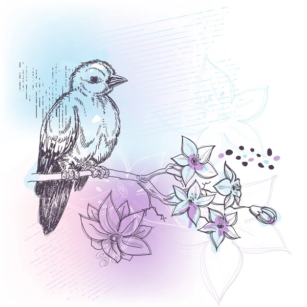 Oiseau Jasmin Branche Printemps Pastel — Image vectorielle