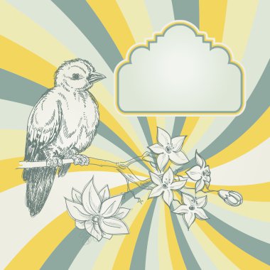 Retro spring background; birdie and jasmin branch clipart