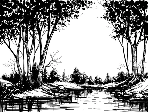 Lago en el bosque de abedules — Archivo Imágenes Vectoriales