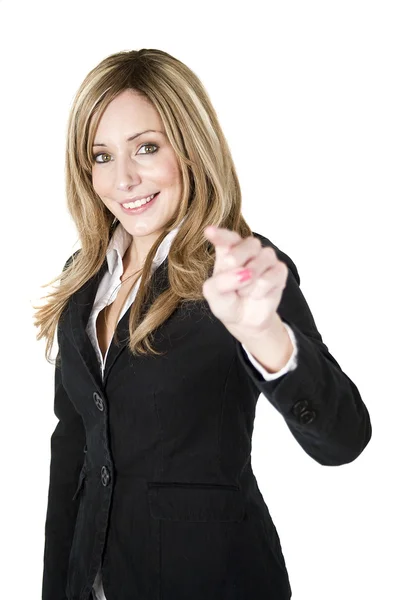 Woman pointing with finger — Stock Photo, Image