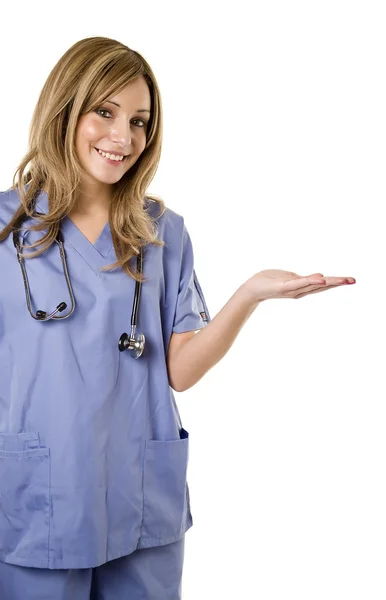 Enfermera con palma levantada hacia arriba — Foto de Stock