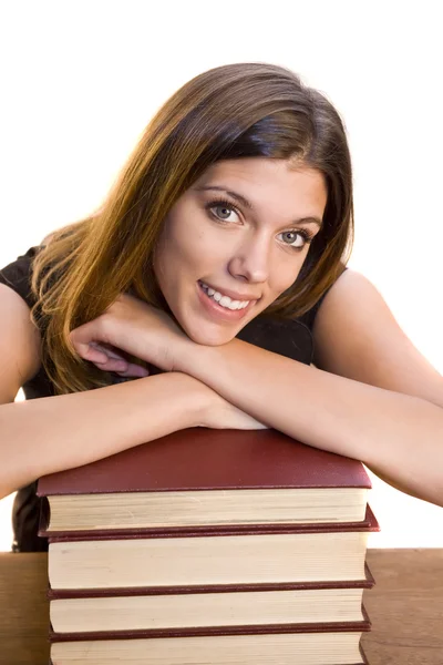 Woman with a stack of books — Stock Photo, Image