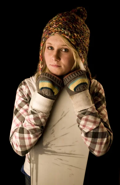 Jonge tiener meisje met snowboard — Stockfoto