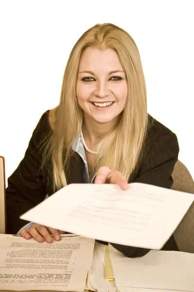 Business woman handing over paperwork — Stock Photo, Image