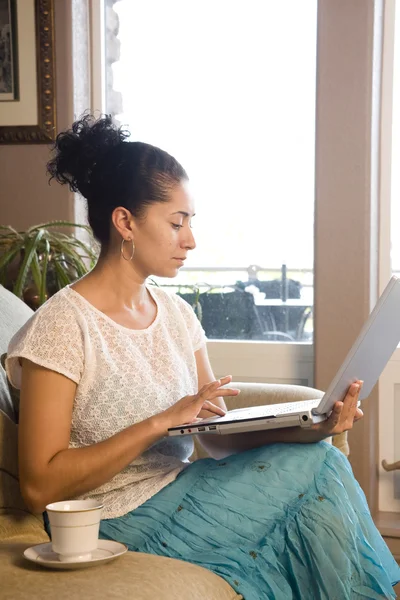 stock image Woman with laptop and coffee