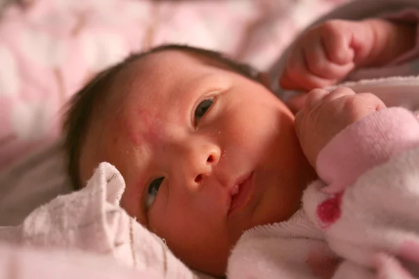 Young newborn baby laying in a crib — Stock Photo, Image