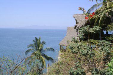 tropikal Meksikalı cabana ve deniz manzarası