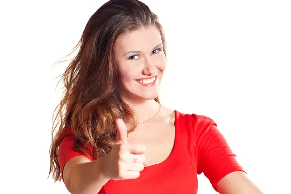 Close-up van een jonge vrouw tonen duimen omhoog — Stockfoto