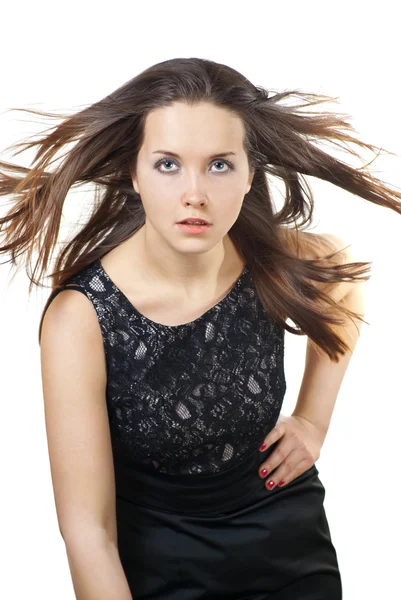 Porträtt av vacker flicka med flygande hår — Stockfoto