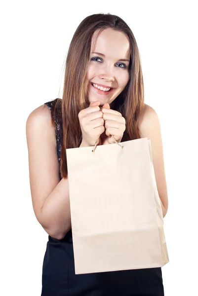 Mooie Vrouw Met Winkelen Bag Geïsoleerd Witte Achtergrond — Stockfoto