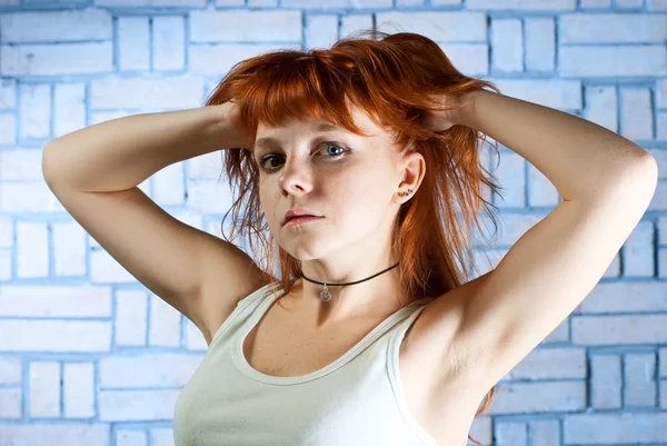 Portrait Young Woman Blue Wall — Stock Photo, Image
