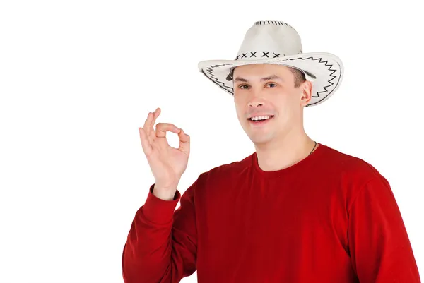 Mladý muž v kovbojském klobouku podepsat ok — Stock fotografie