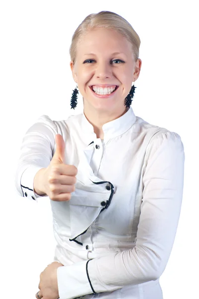 Affärskvinna gestikulerande tummen upp tecken — Stockfoto