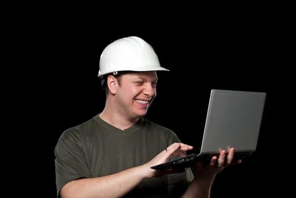 Щасливий працівник з ноутбуком — стокове фото