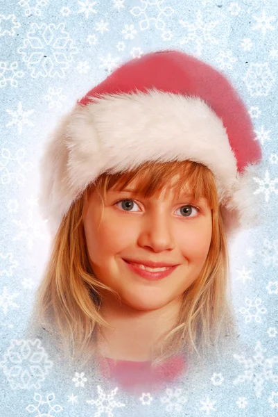 Młoda dziewczyna w kapeluszu Świętego Mikołaja — Zdjęcie stockowe