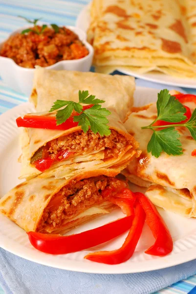 Pancakes with bolognese filling — Stok fotoğraf