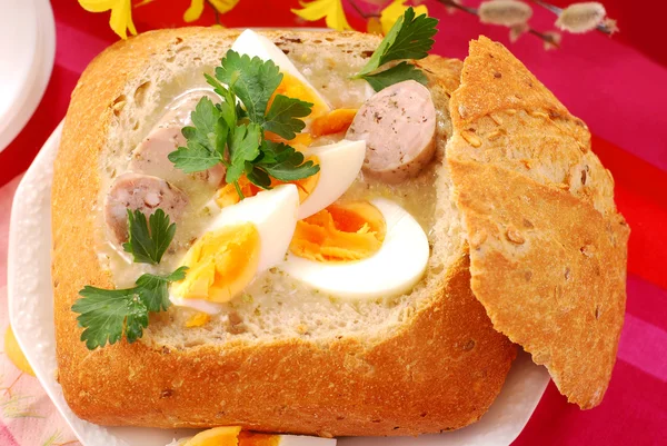 Witte Borsjt Met Eieren Worst Brood Kom Voor Pasen — Stockfoto